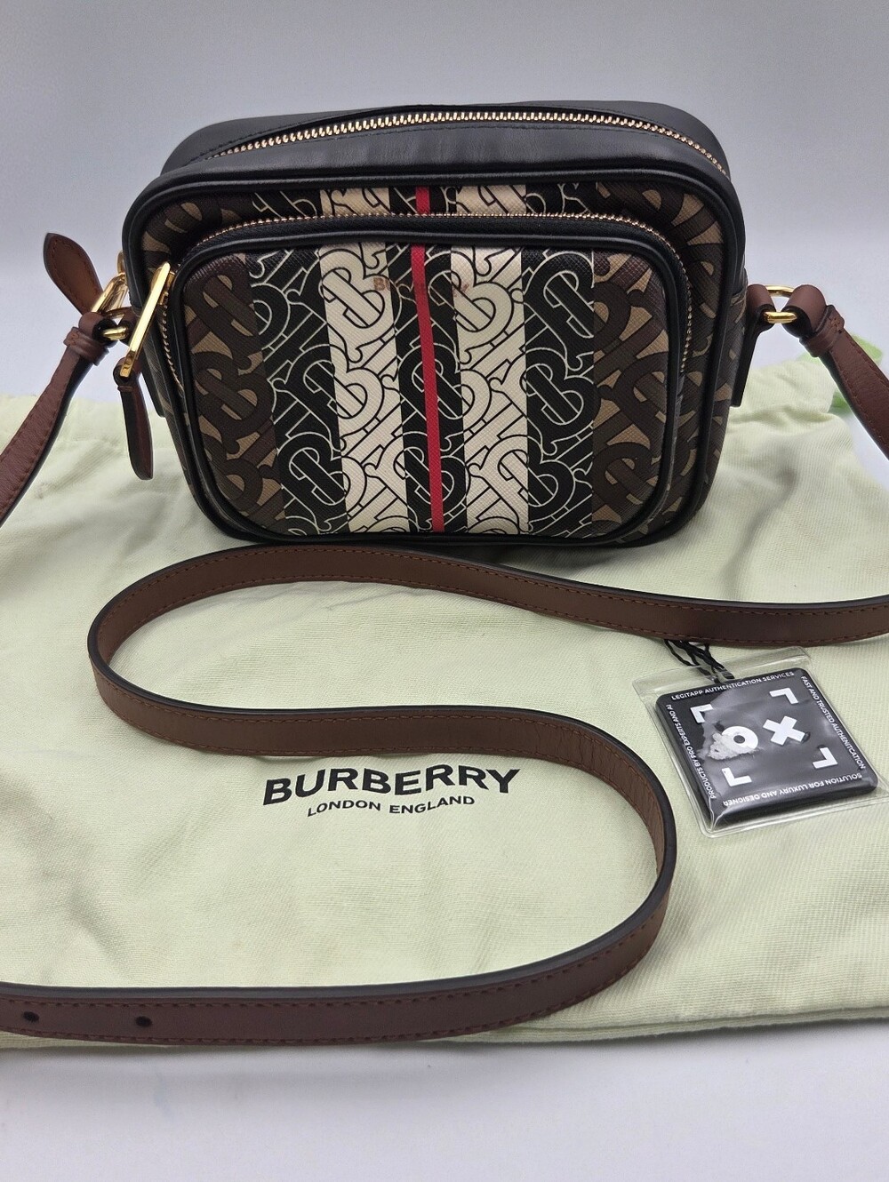 NWT Burberry TB Monogram Stripe Camera Bag Leather PVC Brown Authentic Crossbody